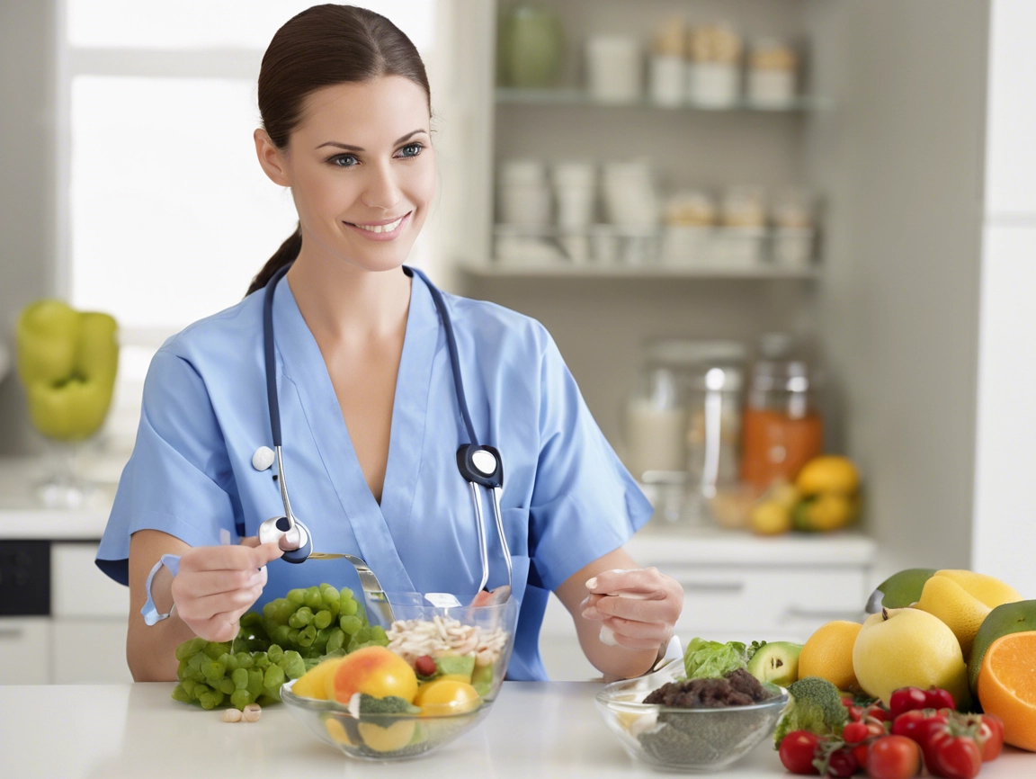 Nutritionist in blue scrubs preparing a healthy meal with fresh fruits and vegetables, emphasizing online weight loss clinic support and personalized diet plans.