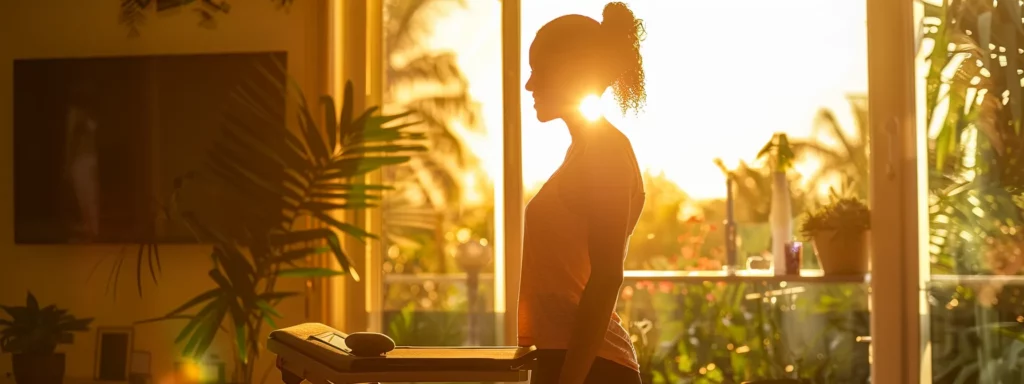 Woman standing beside a treadmill in a sunlit room, surrounded by plants, symbolizing a healthy lifestyle and weight loss journey.