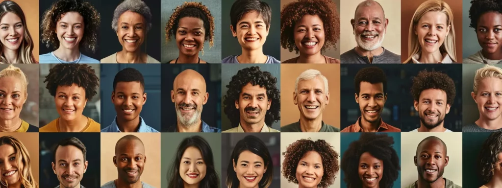 Diverse group of smiling individuals showcasing various hairstyles and expressions, reflecting community support and personal transformations related to weight loss and health journeys.