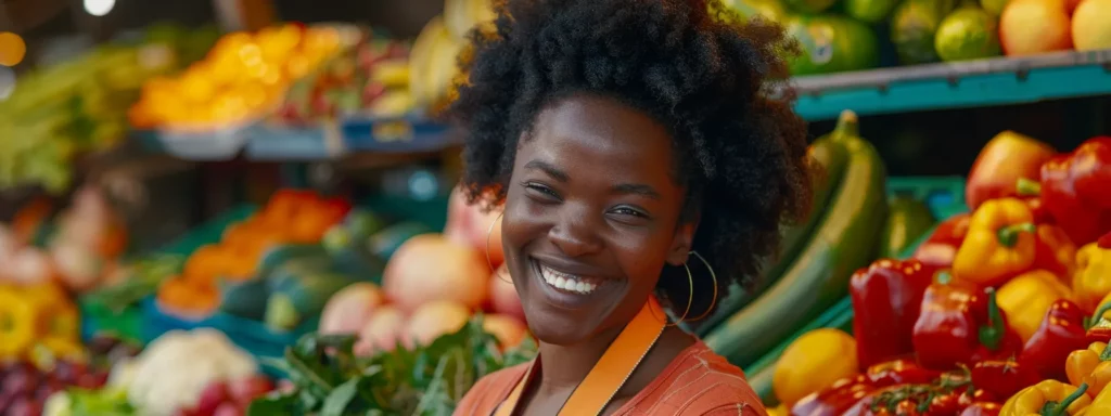 Smiling woman in a market surrounded by colorful fruits and vegetables, representing healthy eating and nutrition for weight management.