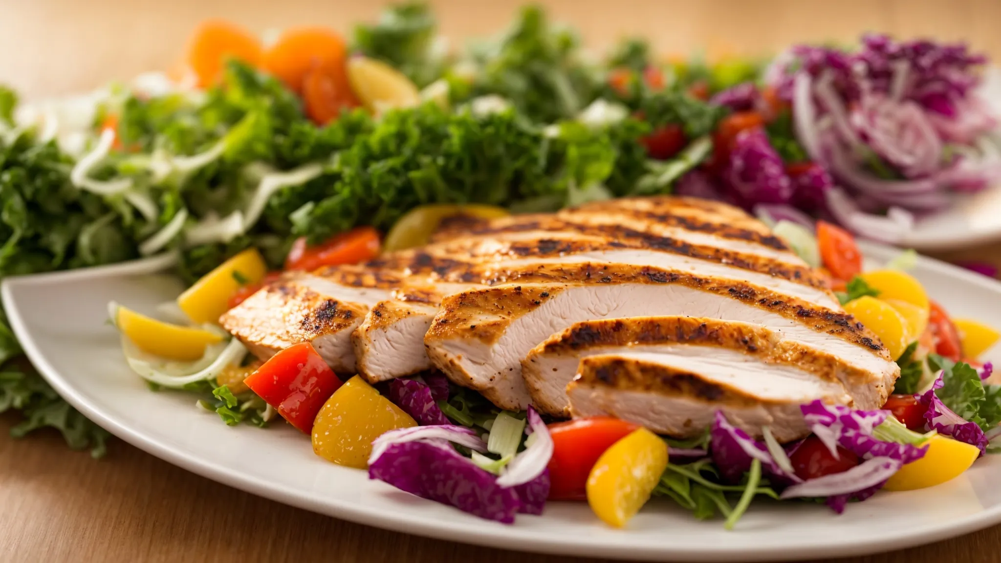 Juicy grilled chicken breast served on a bed of colorful mixed salad, featuring leafy greens, cherry tomatoes, and bell peppers, highlighting the benefits of high-protein diets for weight loss and health management.