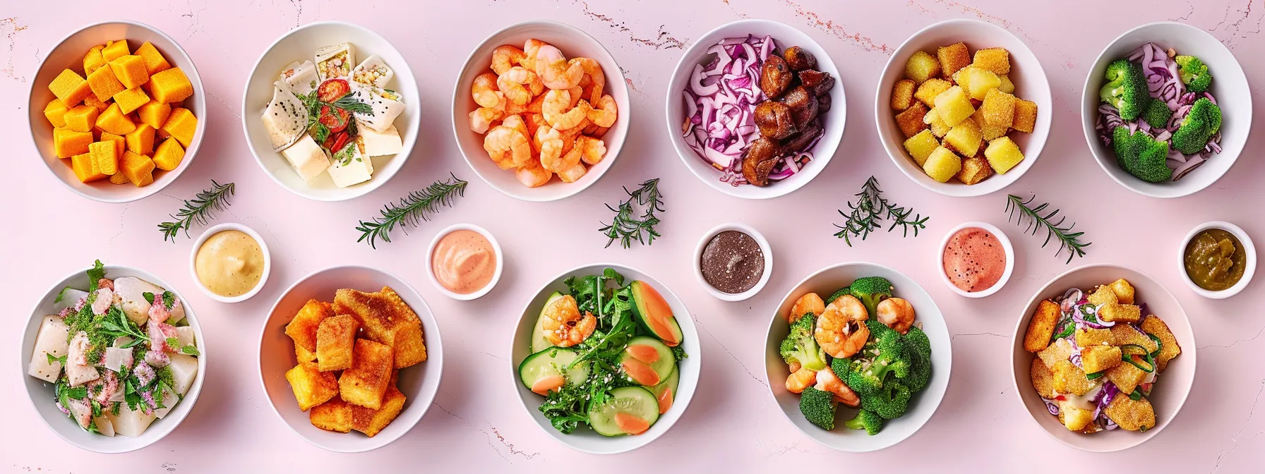 Colorful assortment of high-protein dishes including shrimp, tofu, and vegetables, arranged in bowls on a pink background, highlighting healthy meal options for weight loss.