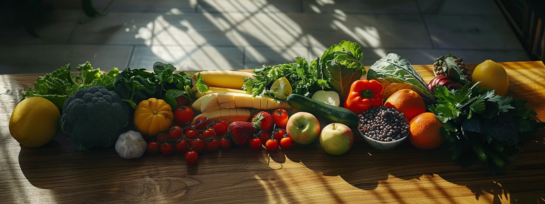 a colorful array of fresh fruits, vegetables, lean proteins, and whole grains displayed on a wooden table, emphasizing the importance of a balanced diet for weight loss. Colorful assortment of fresh fruits and vegetables, including broccoli, tomatoes, apples, oranges, zucchini, and leafy greens, arranged on a wooden surface, highlighting nutritious options for a balanced diet.