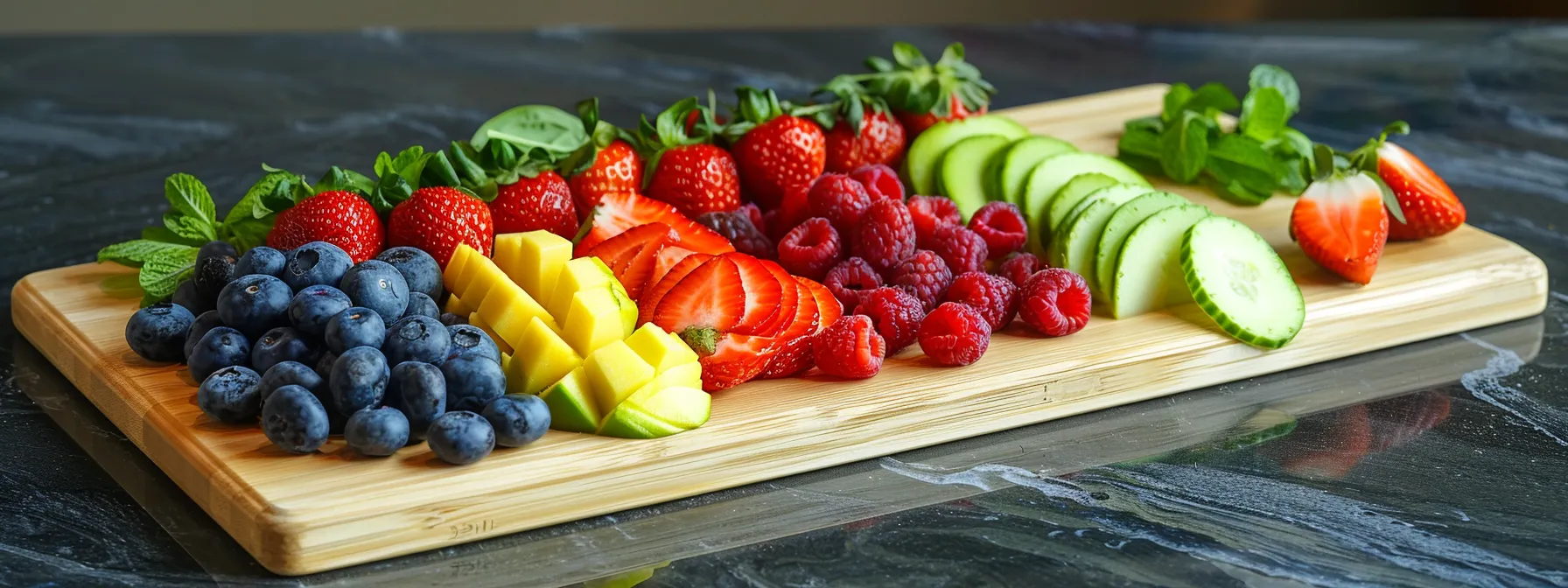 Colorful array of fresh fruits including strawberries, blueberries, raspberries, mango, green apples, and cucumber on a wooden cutting board, emphasizing healthy eating for effective fat loss and nutrition.