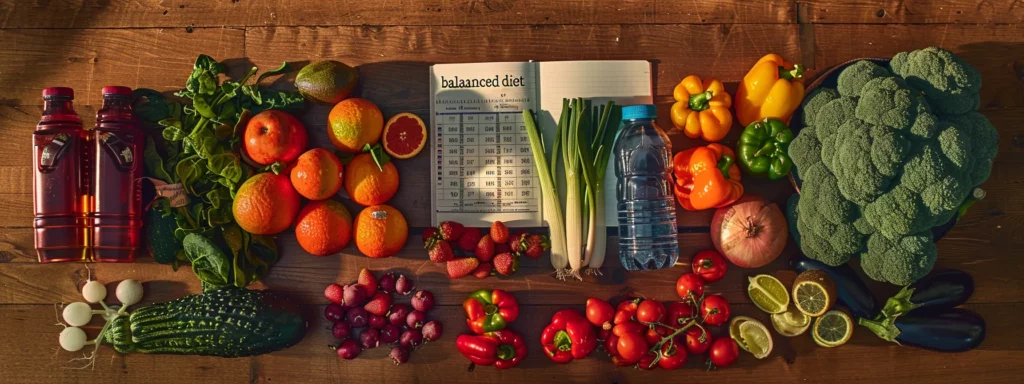 Colorful assortment of fresh fruits and vegetables, including oranges, cucumbers, tomatoes, broccoli, and peppers, alongside a notebook labeled "balanced diet" and water bottle, emphasizing healthy eating for weight loss.