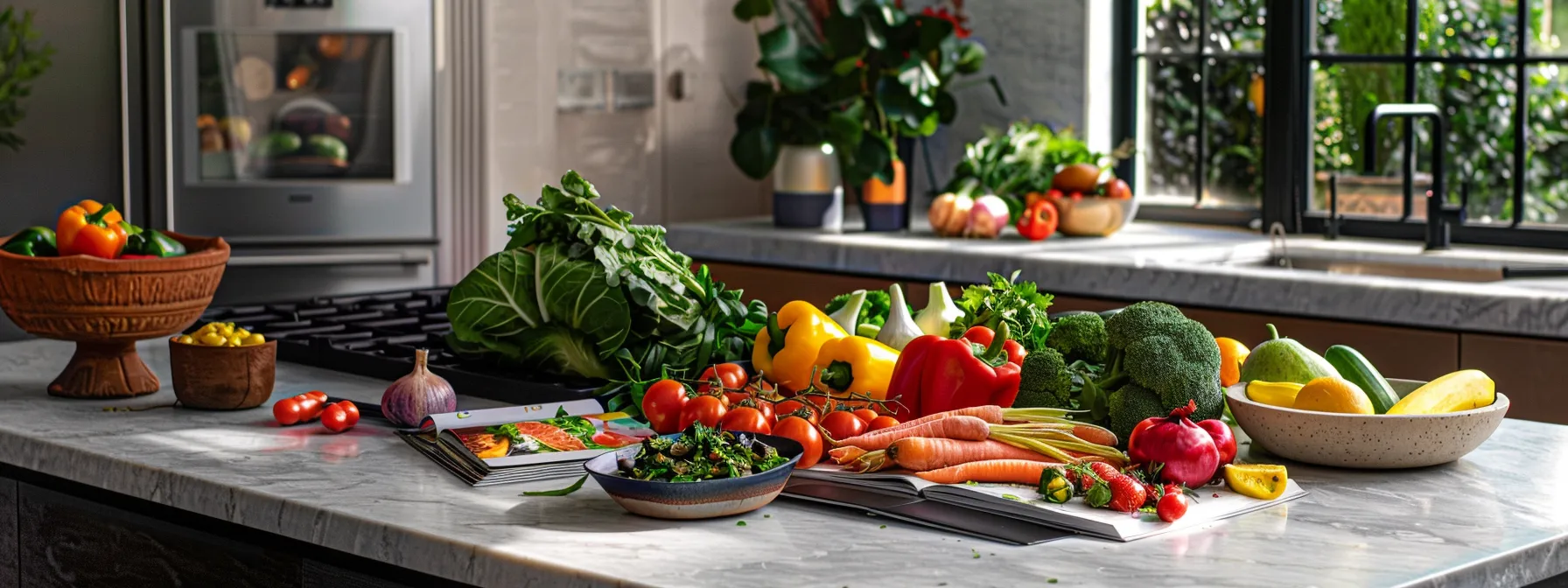 Colorful array of fresh vegetables including kale, bell peppers, tomatoes, carrots, and broccoli on a kitchen countertop, highlighting plant-based nutrition for a healthy lifestyle and weight management.