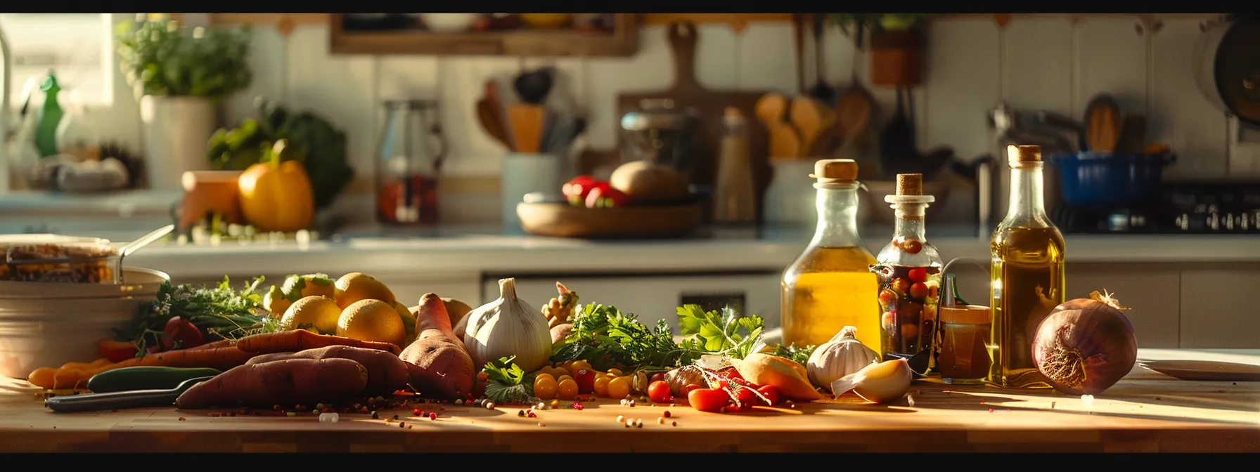 a colorful array of fresh vegetables and ingredients like sweet potatoes, garlic, and healthy oils, neatly arranged on a kitchen counter. Colorful array of fresh vegetables, including sweet potatoes, tomatoes, garlic, and herbs, alongside bottles of oil and honey, set in a bright kitchen environment, emphasizing healthy cooking for balanced diet and weight loss.