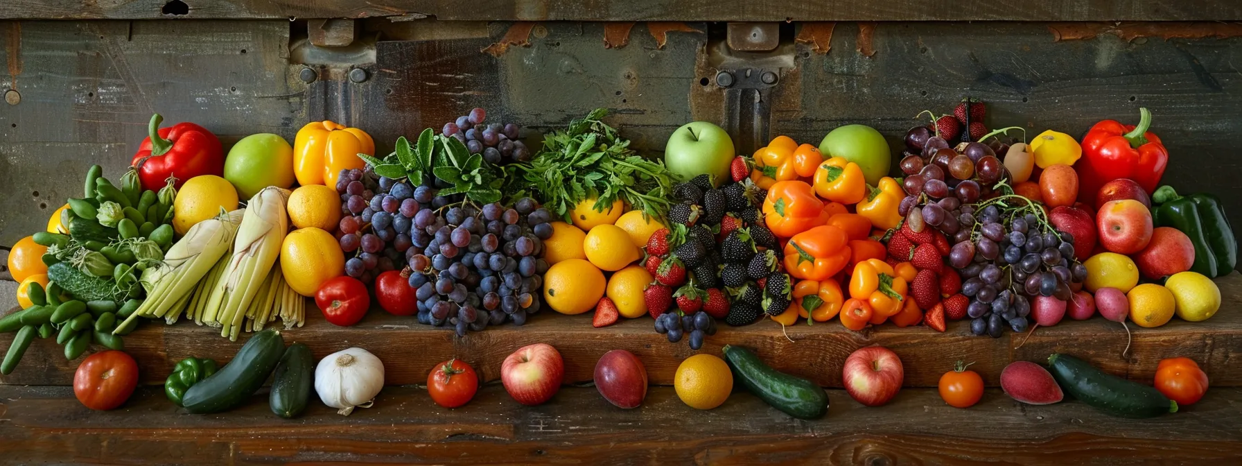 Colorful array of fresh fruits and vegetables including peppers, grapes, lemons, strawberries, and leafy greens, emphasizing a nutrient-dense diet aligned with the Paleo approach for weight loss and health.