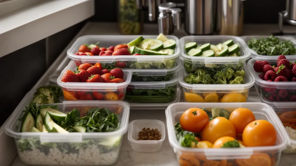 Colorful assortment of fresh fruits and vegetables in clear containers, including strawberries, cucumbers, broccoli, oranges, and leafy greens, emphasizing meal planning for a balanced diet and weight loss.
