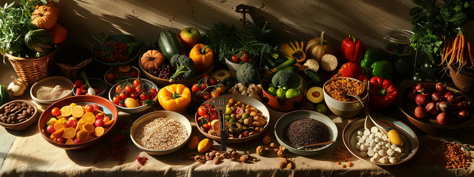 Colorful array of fresh fruits, vegetables, grains, and nuts arranged on a table, emphasizing nutrient-dense foods for balanced meal planning and healthy eating.