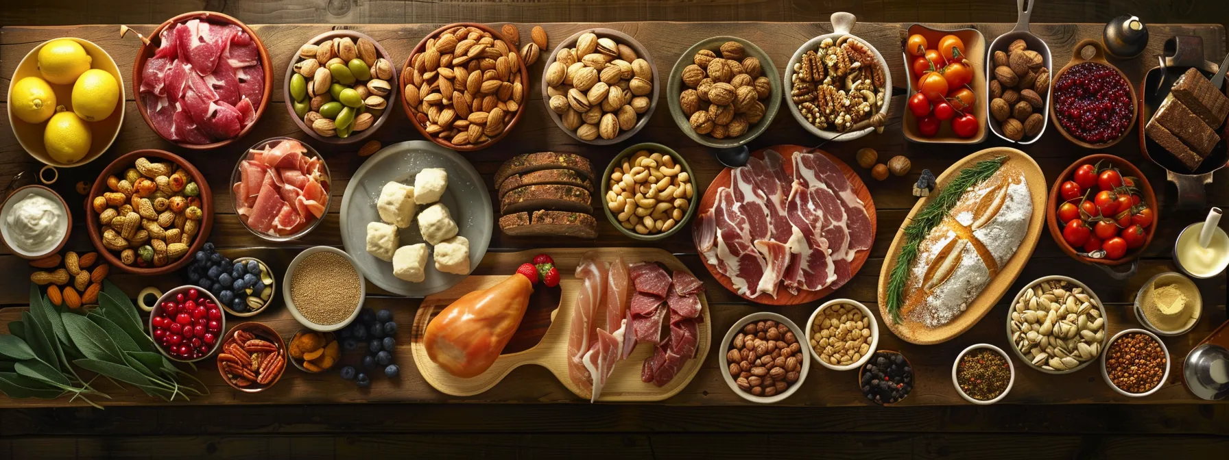 Colorful assortment of protein-rich foods including meats, nuts, fruits, and grains, emphasizing high-protein diet benefits for weight loss and health management.