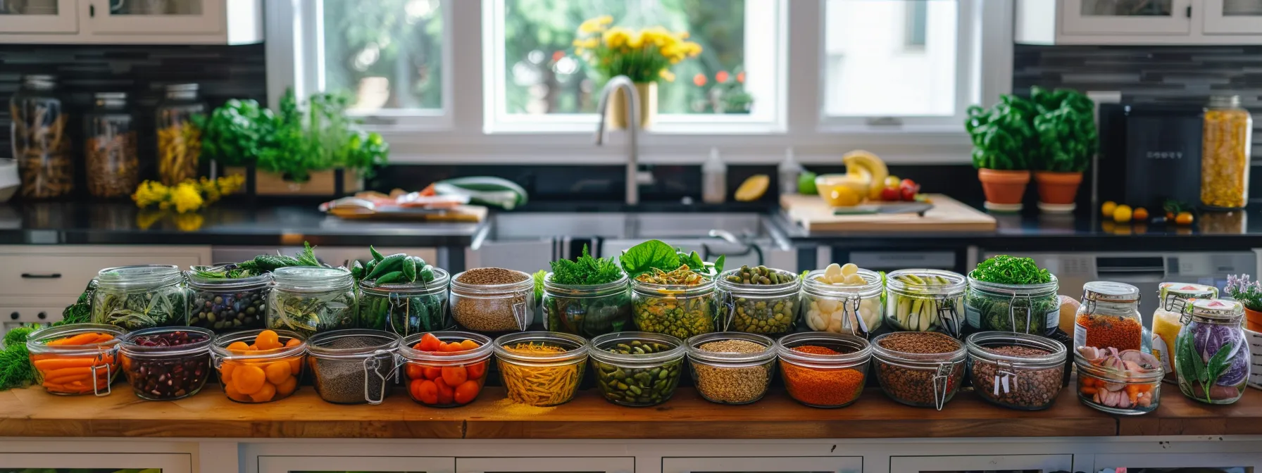 Colorful array of vibrant whole foods in jars, including vegetables, legumes, and grains, arranged on a wooden countertop, showcasing healthy meal prep for the Whole30 diet.