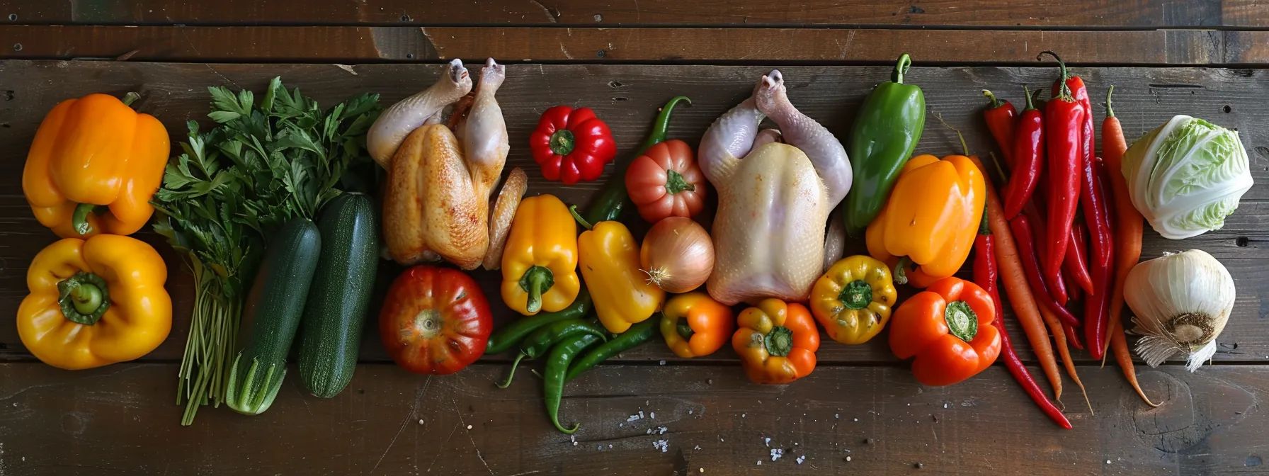 Colorful assortment of fresh poultry and vegetables including bell peppers, zucchini, tomatoes, and onions, arranged on a wooden surface, highlighting wholesome ingredients aligned with the Whole30 diet principles.