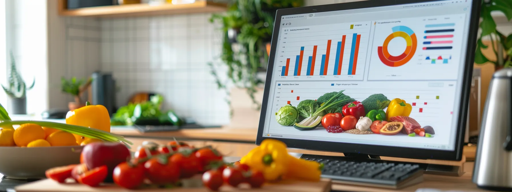 a computer screen with a detailed digital food journal displaying colorful graphs and charts tracking daily meals, highlighting areas for improvement. Computer screen displaying nutritional data and colorful fruits and vegetables, emphasizing healthy eating habits and balanced diet tracking for weight loss.