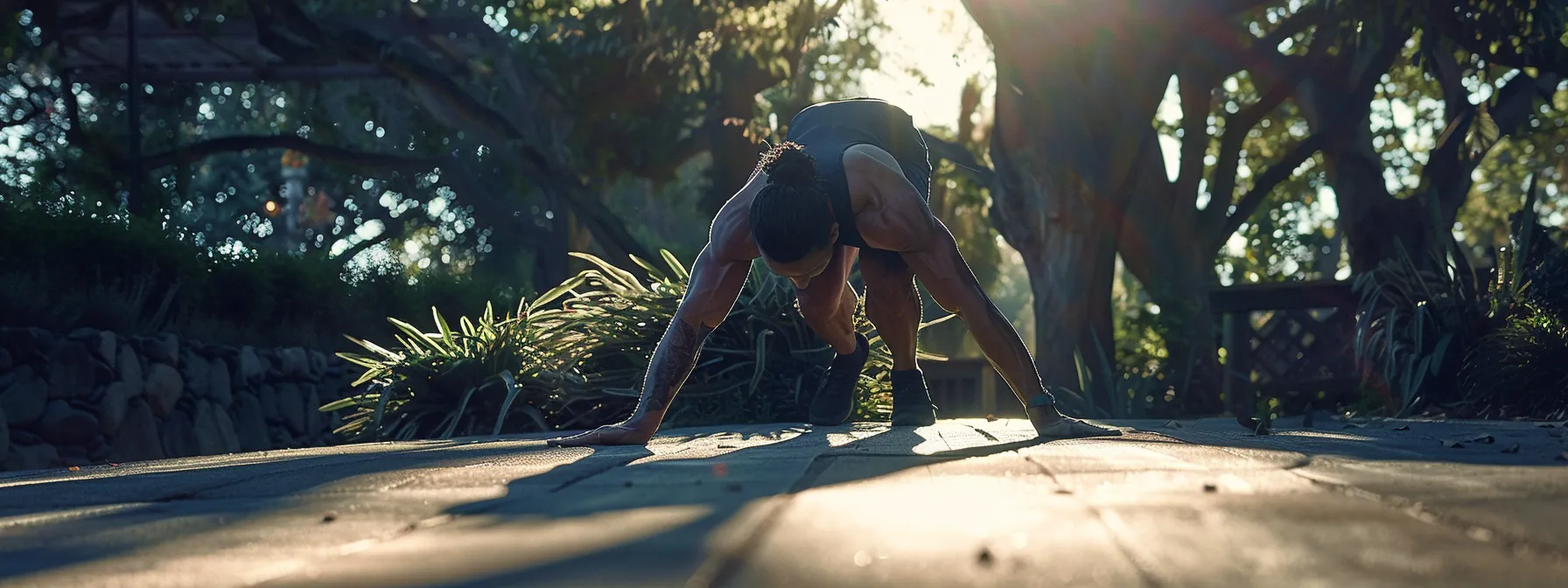 Determined individual performing bodyweight exercises in a natural outdoor setting, emphasizing fitness and weight loss.