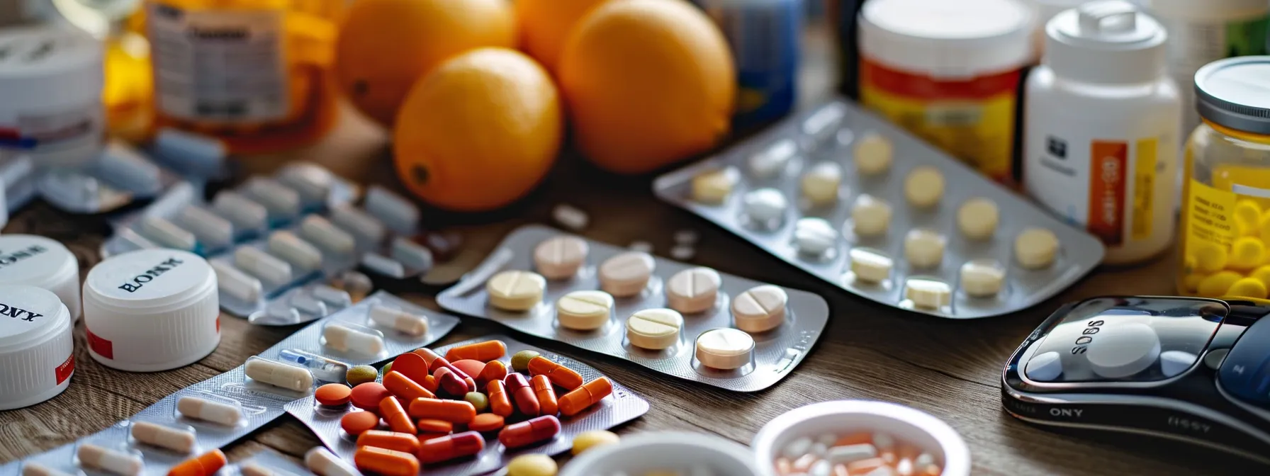 a diverse array of affordable diabetes medications and healthy lifestyle choices displayed on a table, offering a range of options for managing health and finances.
