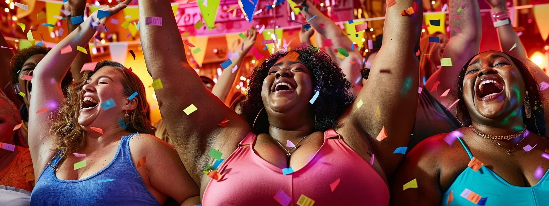 Diverse group of individuals celebrating joyfully with colorful confetti, embodying community support and transformation in weight loss journeys.