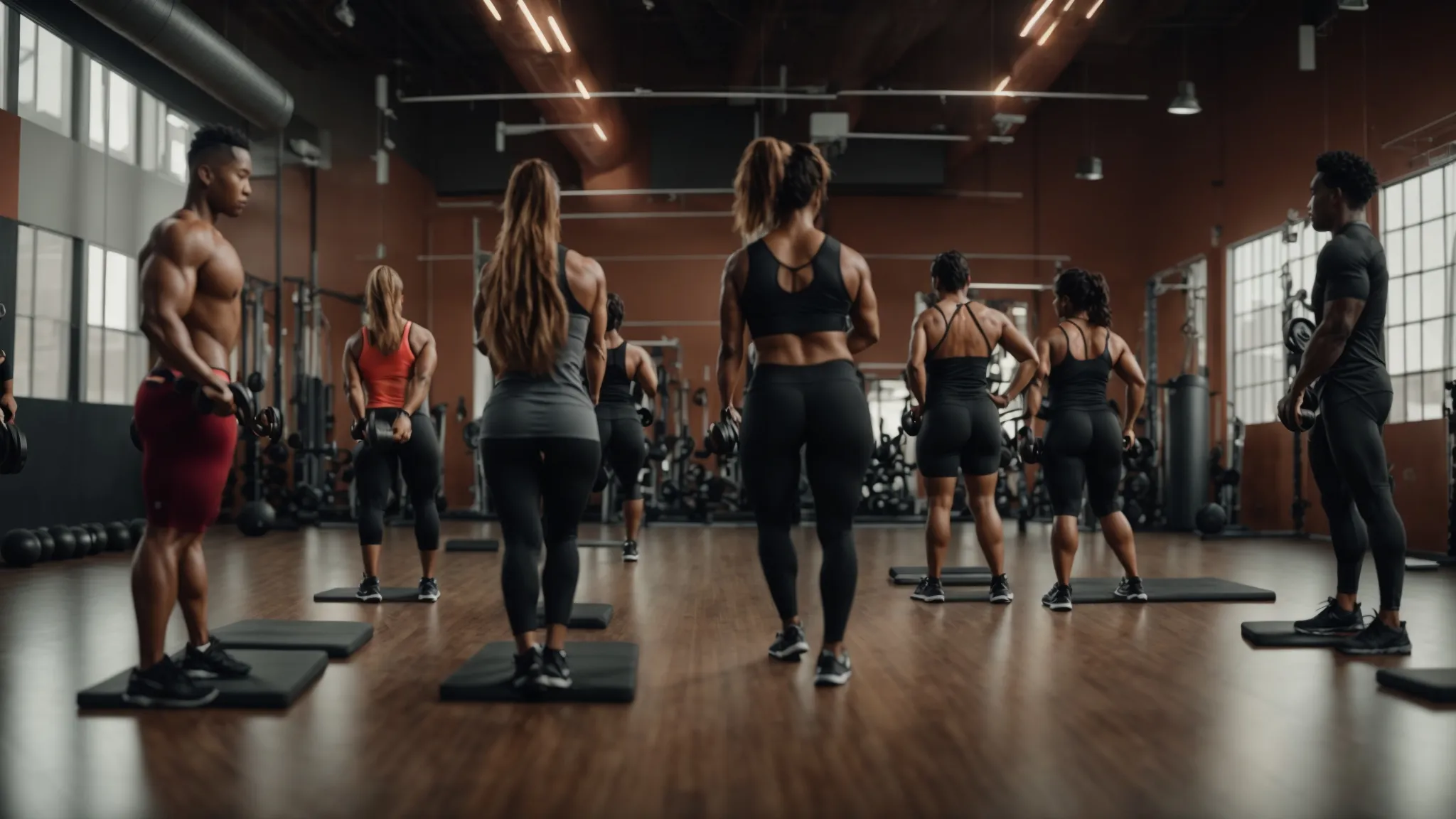 a diverse group of individuals performing personalized exercises in a well-equipped gym, emphasizing muscle growth and injury prevention to achieve long-term weight loss success. Diverse group of individuals working out in a gym, focusing on strength training with dumbbells, emphasizing personalized fitness coaching and nutrition alignment for effective weight loss.