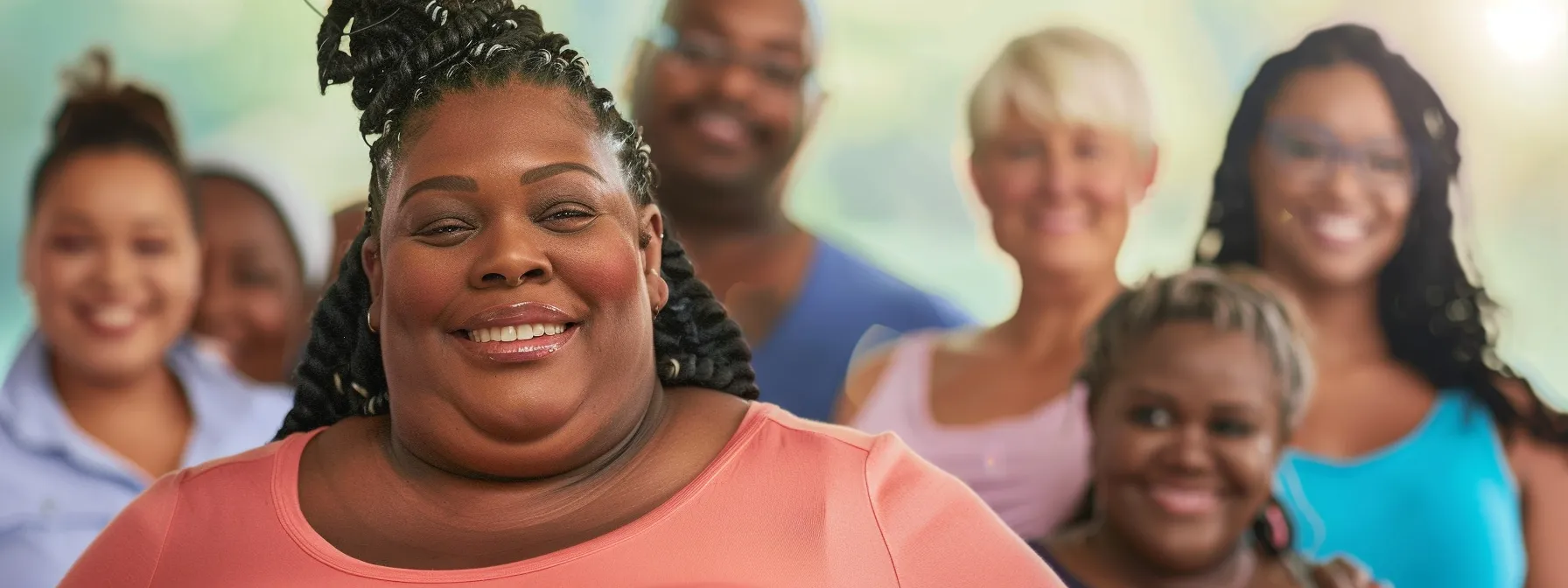 Diverse group of individuals smiling together, representing community support and motivation for weight loss journeys.