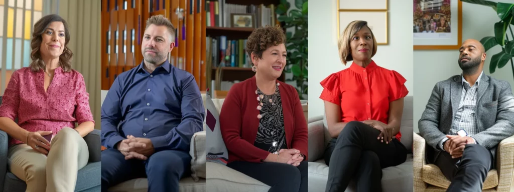 Diverse group of individuals seated in a modern setting, engaged in conversation, reflecting community support and shared experiences in weight loss discussions.