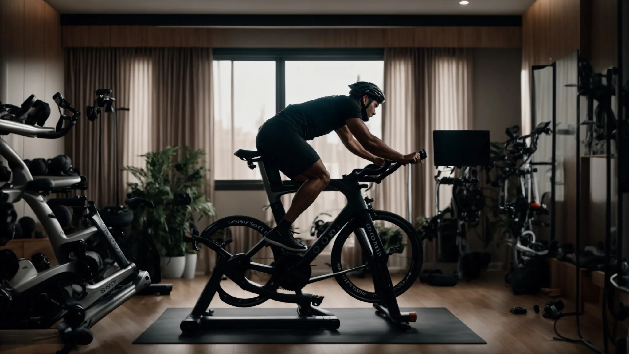 Focused cyclist on stationary bike in a home gym, surrounded by fitness equipment and plants, emphasizing high-intensity indoor cycling for weight loss.