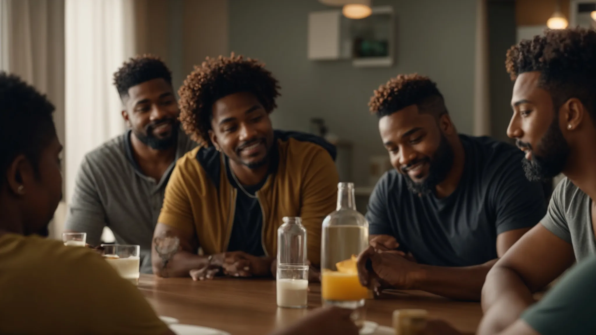 Group of diverse men engaging in conversation over a meal, sharing experiences and support in a warm, communal setting, reflecting the importance of connection in online weight loss forums.