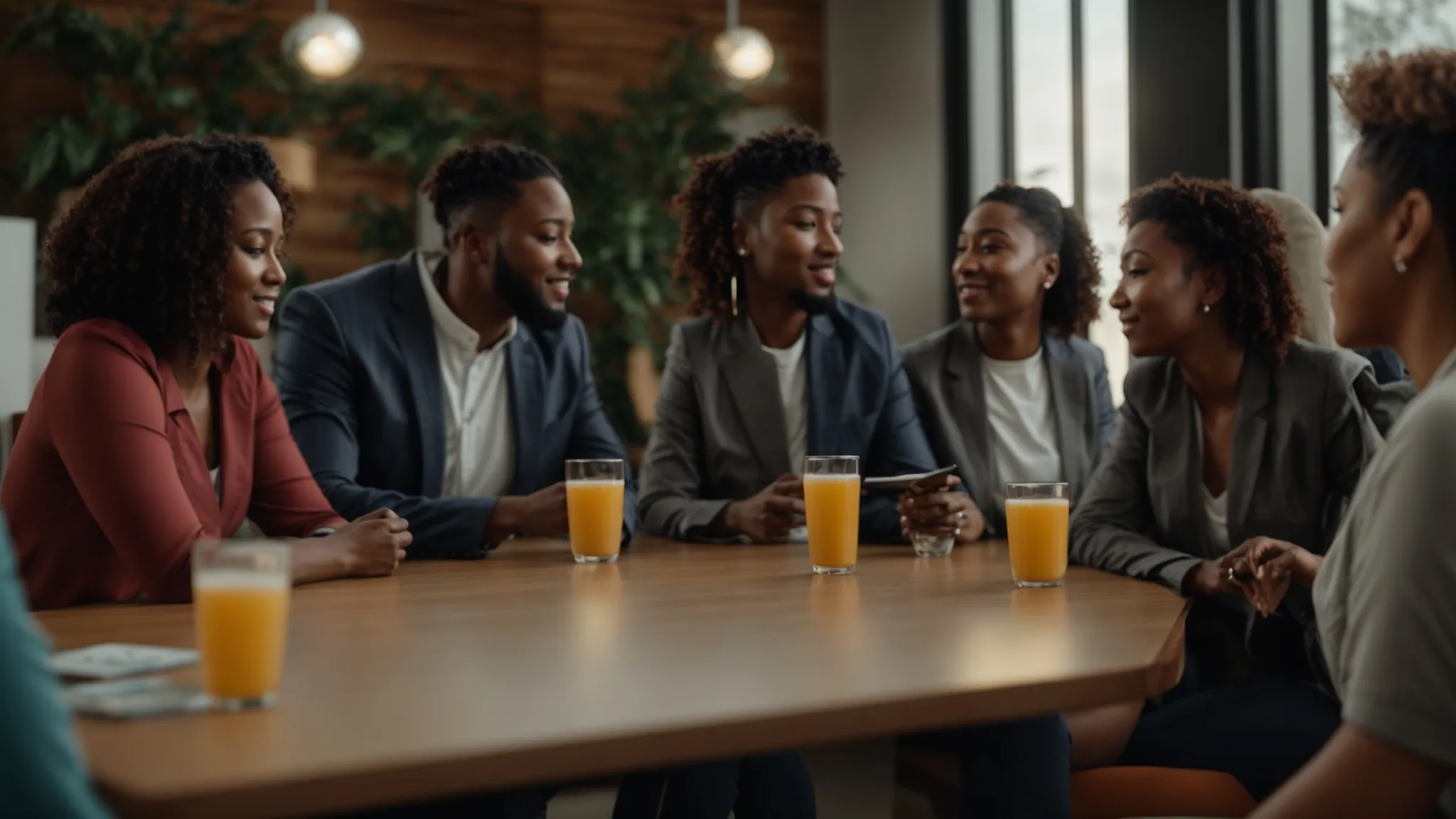 Diverse group of individuals engaging in discussion around a table, with orange beverages, reflecting community support and motivation in weight loss journeys.