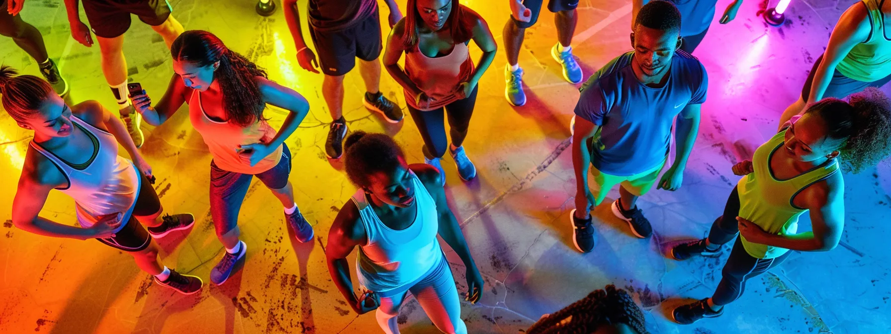 a group of diverse individuals enthusiastically competing in a virtual fitness challenge on their smartphones, with colorful exercise graphics and progress trackers displayed on the screens.