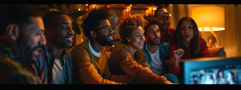 Diverse group of individuals enjoying a lively gathering, watching a screen, embodying community support and empowerment in weight loss journeys.