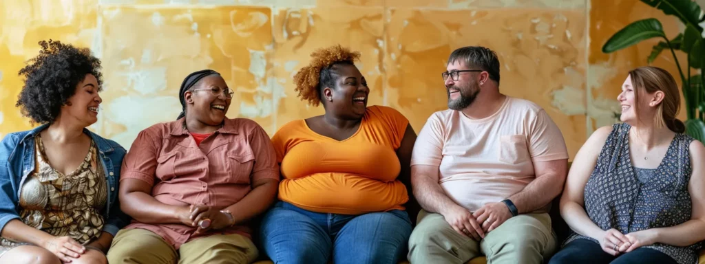 Diverse group of individuals engaging in joyful conversation, representing community support and motivation for weight loss, set against a warm, inviting backdrop.