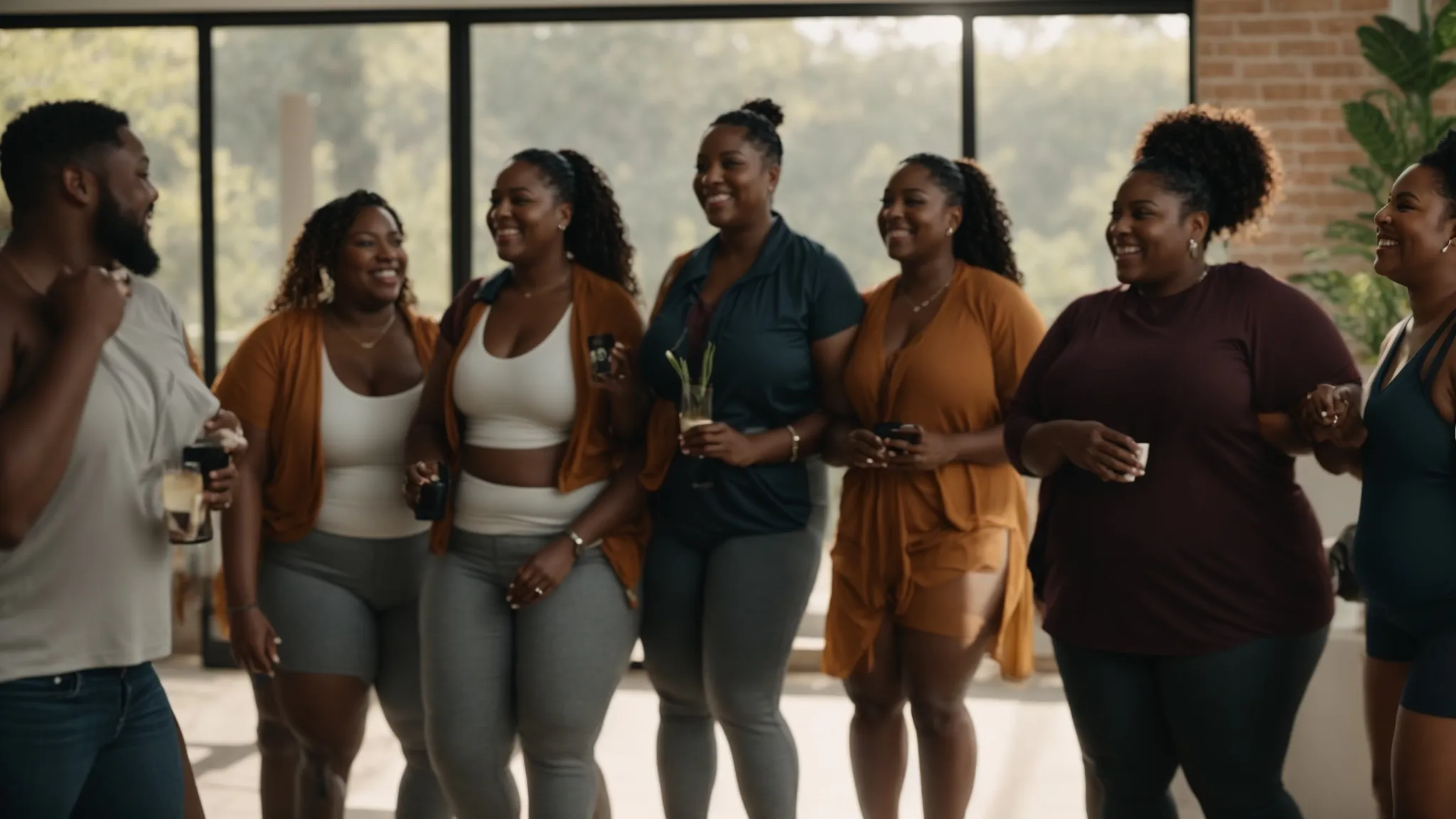 a group of diverse individuals, sharing stories and supporting each other on their weight loss journeys, smiling and celebrating their successes together. Group of diverse individuals smiling and engaging in a supportive setting, celebrating weight loss achievements and community connection, with drinks in hand, reflecting themes of transformation and peer accountability.