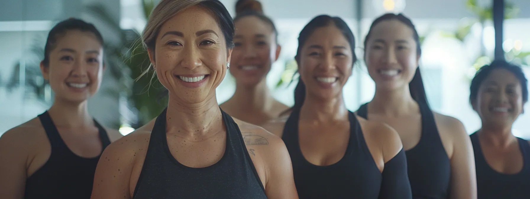 a group of individuals smiling proudly, showcasing their transformation results after following an online dieting program.