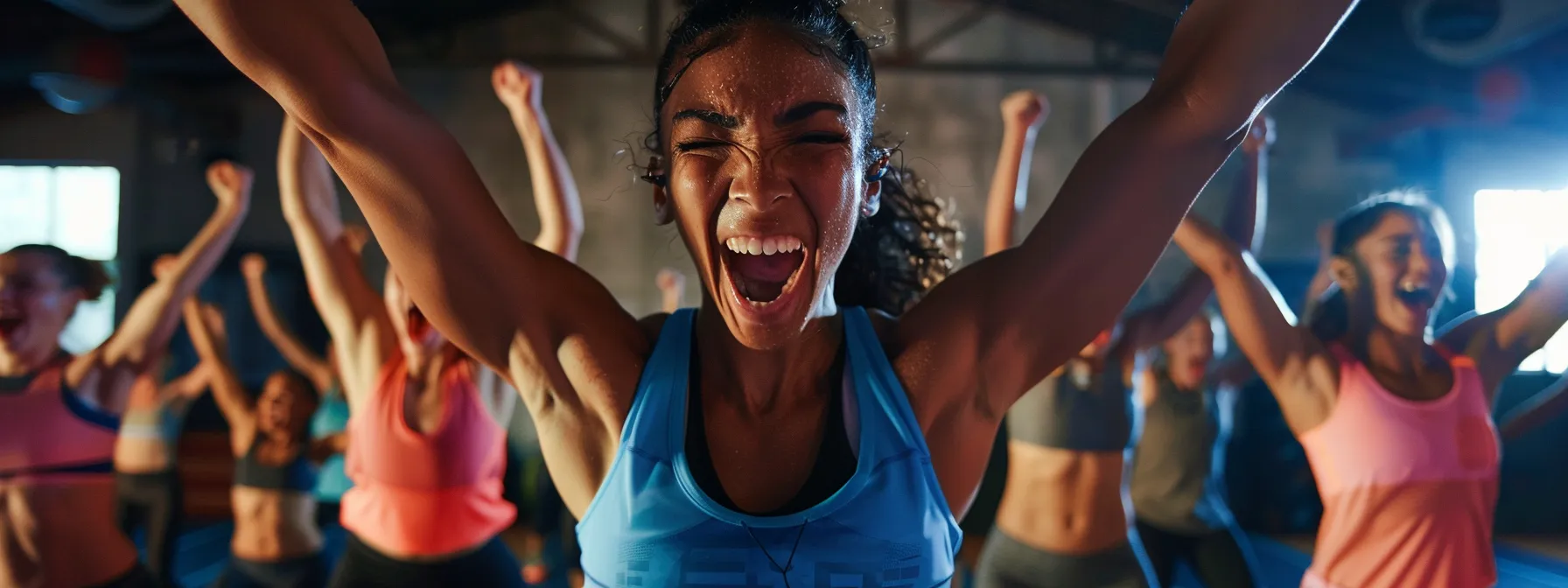 a group of people sweating and cheering while participating in an intense virtual boot camp class.