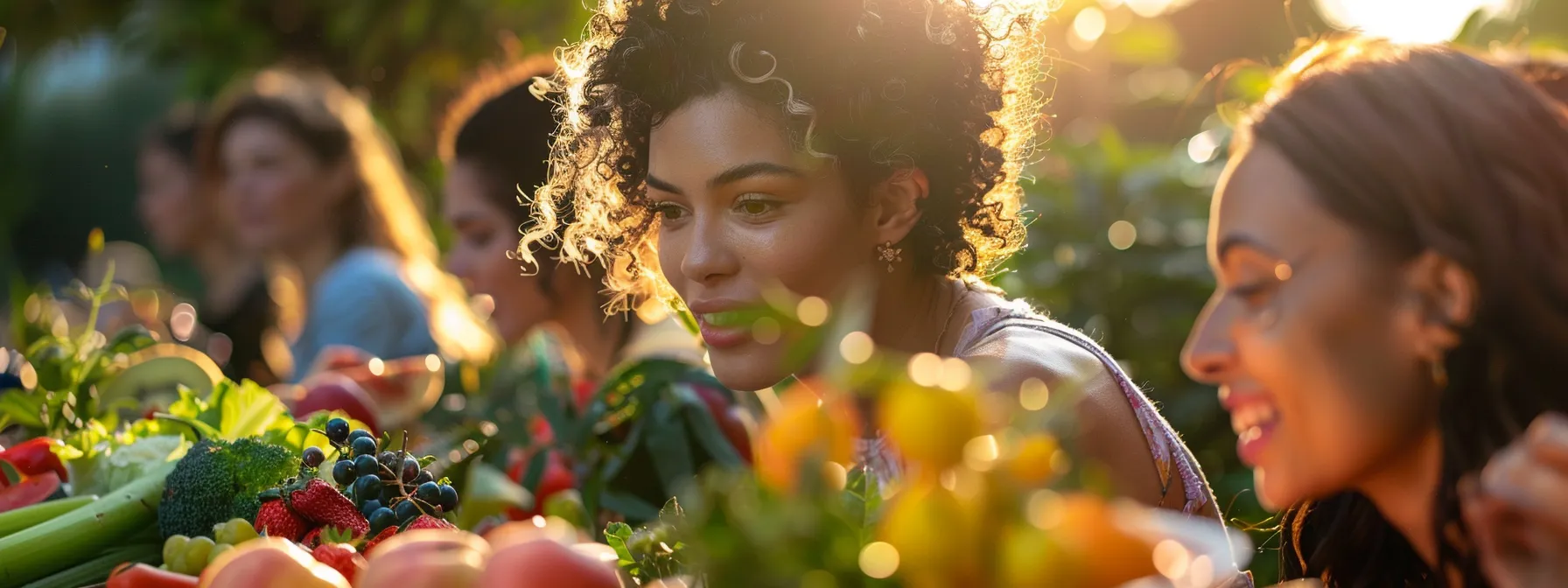 Group of diverse individuals enjoying fresh fruits and vegetables, highlighting the benefits of plant-based eating for health and wellness.