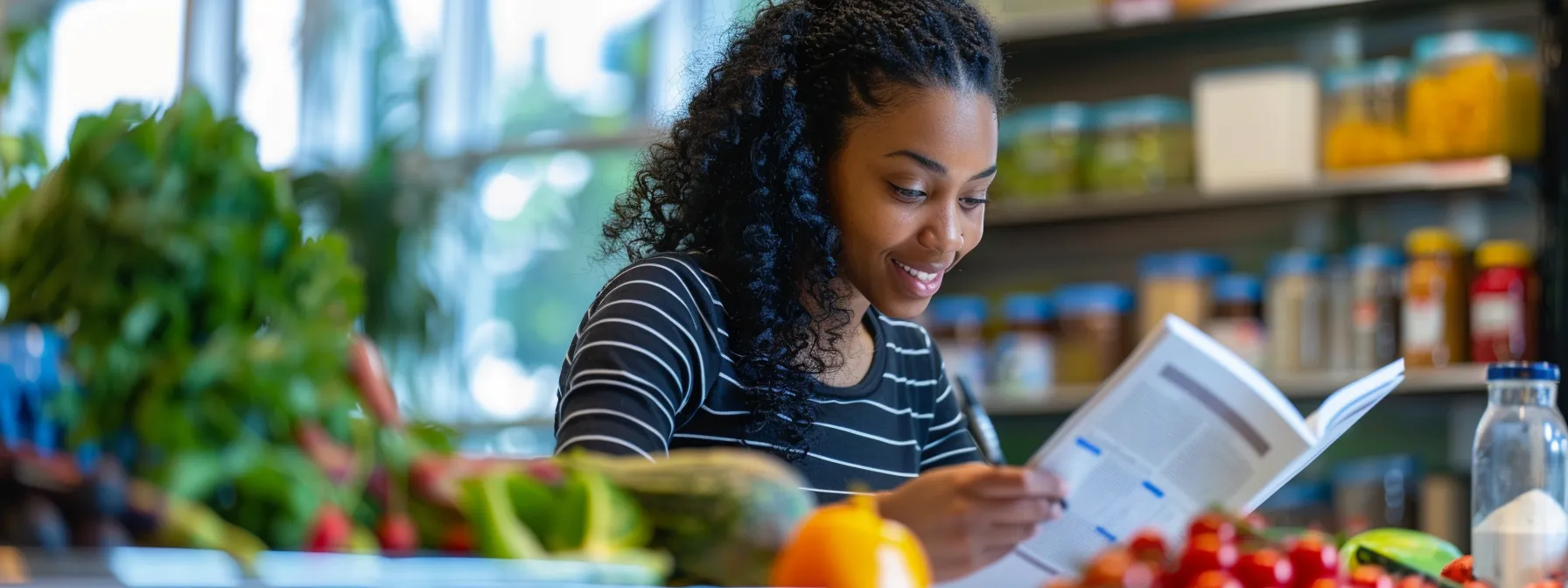 a nutrition and health expert studying research findings on the keto diet, surrounded by scientific journals and healthy food ingredients. Woman reading a nutrition book surrounded by fresh vegetables and jars, emphasizing healthy diet choices related to the keto diet and weight management.