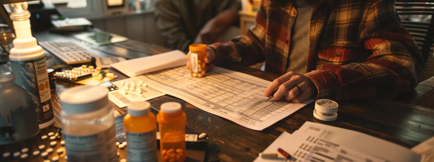 a person carefully organizing medication bottles and a budget spreadsheet on a clean, clutter-free desk.