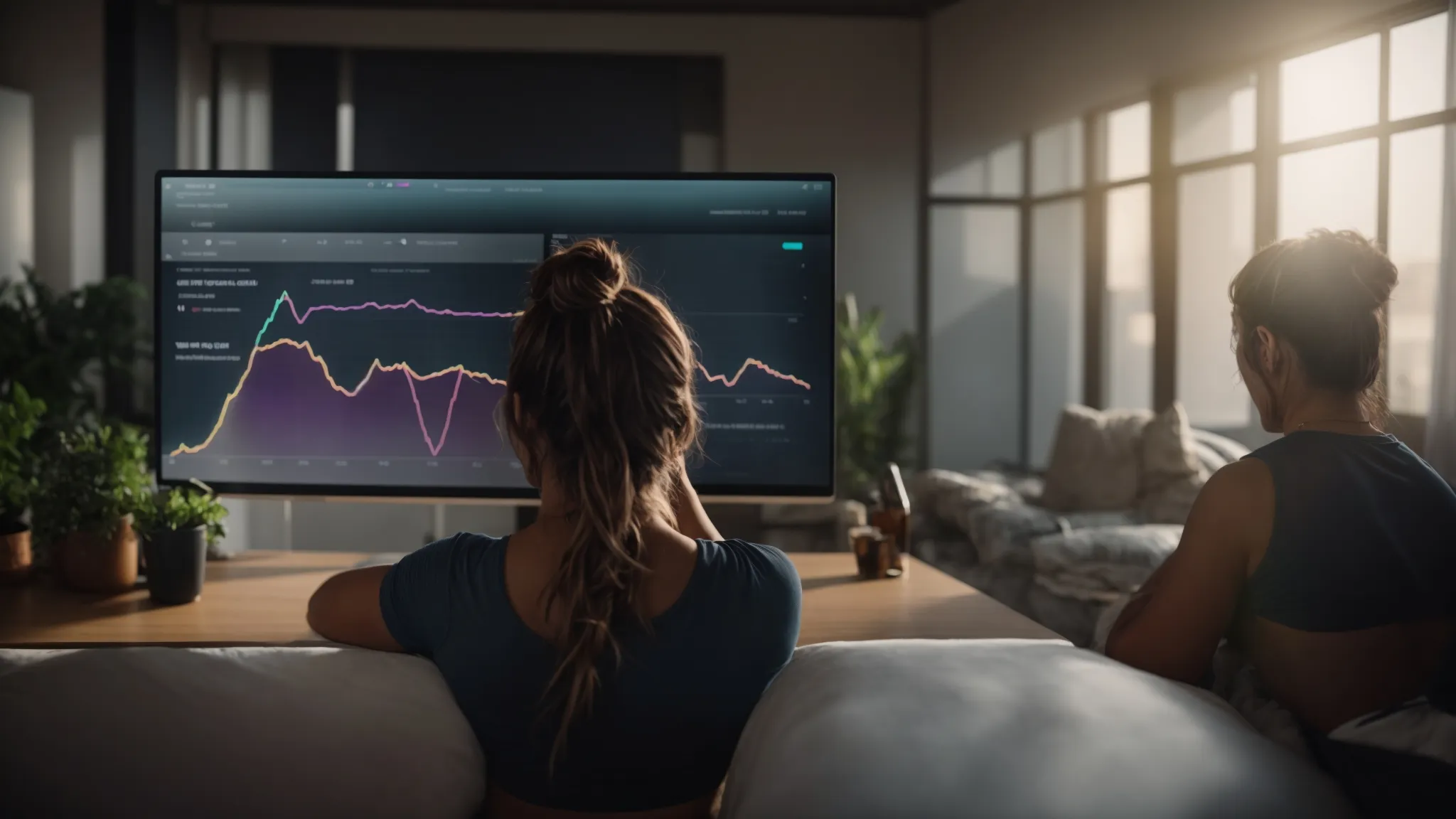 a person celebrating their weight loss milestone with a virtual coach through a fitness app, surrounded by data insights and progress trackers, highlighting accountability and motivation. Person observing fitness progress on a large screen with graphs and data, highlighting accountability in weight loss journey through technology and online coaching.