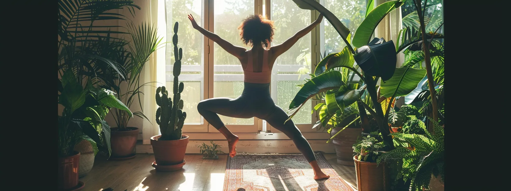 Person practicing yoga in a sunlit room surrounded by indoor plants, demonstrating a warrior pose, emphasizing physical activity and wellness in a vegan lifestyle context.