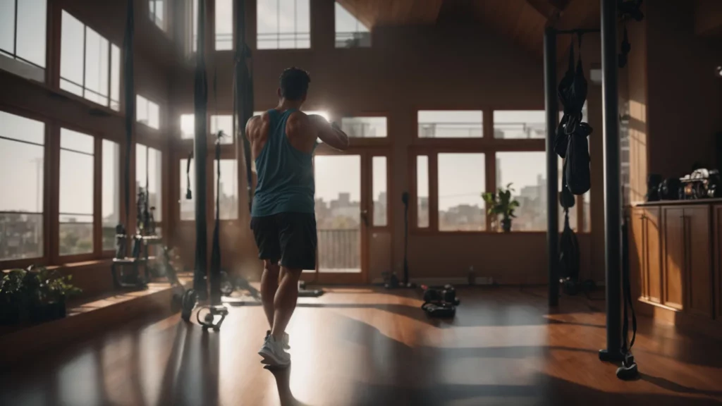 Person engaging in high-intensity interval training workout indoors, showcasing fitness and energy in a well-lit gym environment, relevant to weight loss and wellness themes.
