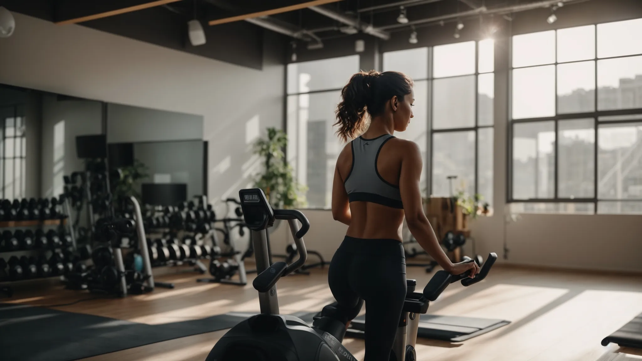 a person in a bright, spacious room, following an online cardio workout routine, surrounded by workout equipment and motivational quotes pinned on the walls. Person in workout attire using an elliptical machine in a bright, spacious gym, surrounded by fitness equipment, emphasizing a home workout environment for online cardio routines.