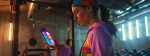 a person in workout gear standing in front of a smartphone displaying various fitness apps, with colorful workout graphics and motivational quotes.