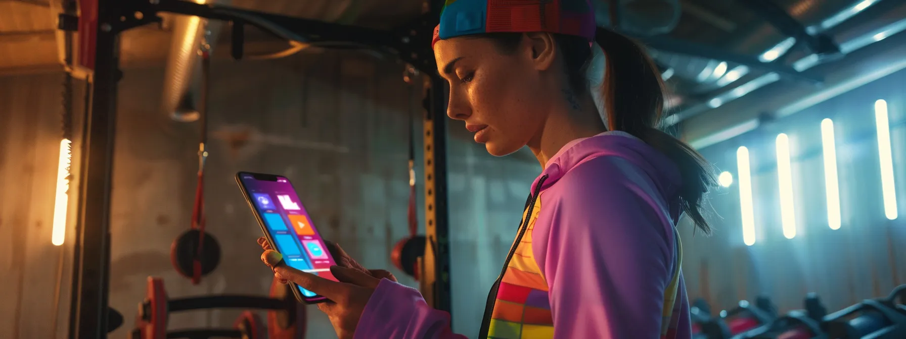 a person in workout gear standing in front of a smartphone displaying various fitness apps, with colorful workout graphics and motivational quotes.