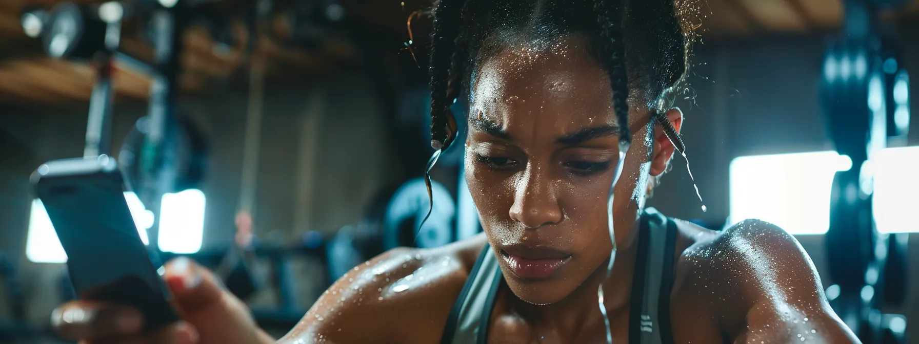 a person intensely sweating while following a personalized workout plan on their smartphone, surrounded by fitness equipment.