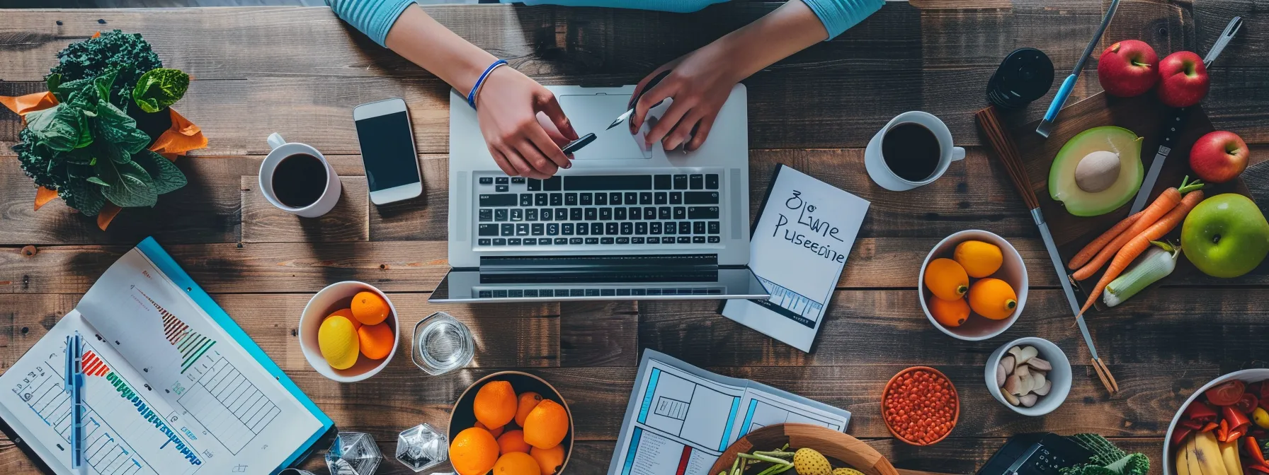 Person using a laptop with healthy foods and a planner on a wooden table, illustrating online weight loss journey and lifestyle changes.