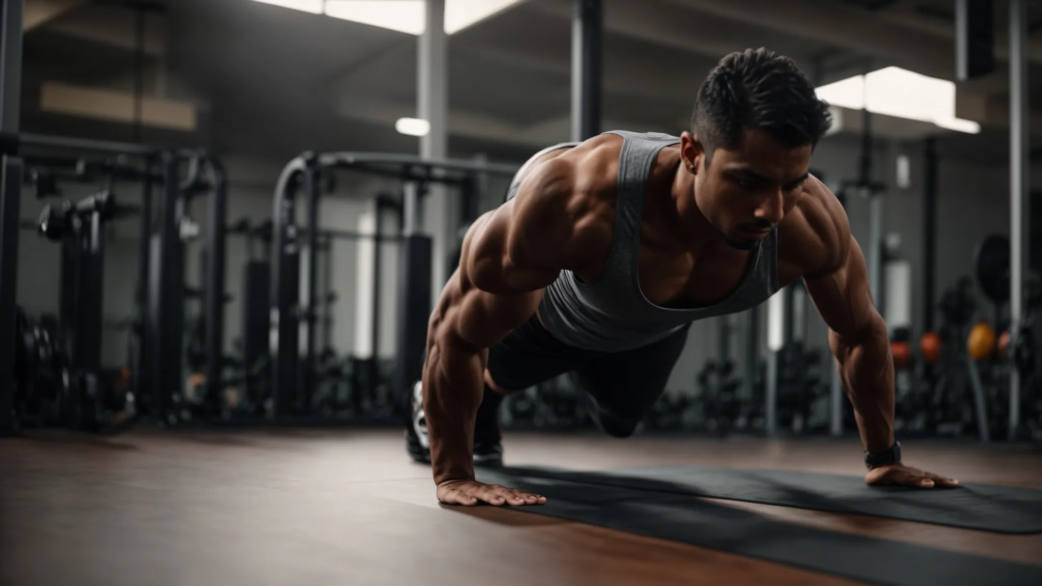 Man performing push-ups in a gym, showcasing upper body strength and muscle engagement for effective bodyweight exercise and weight loss.