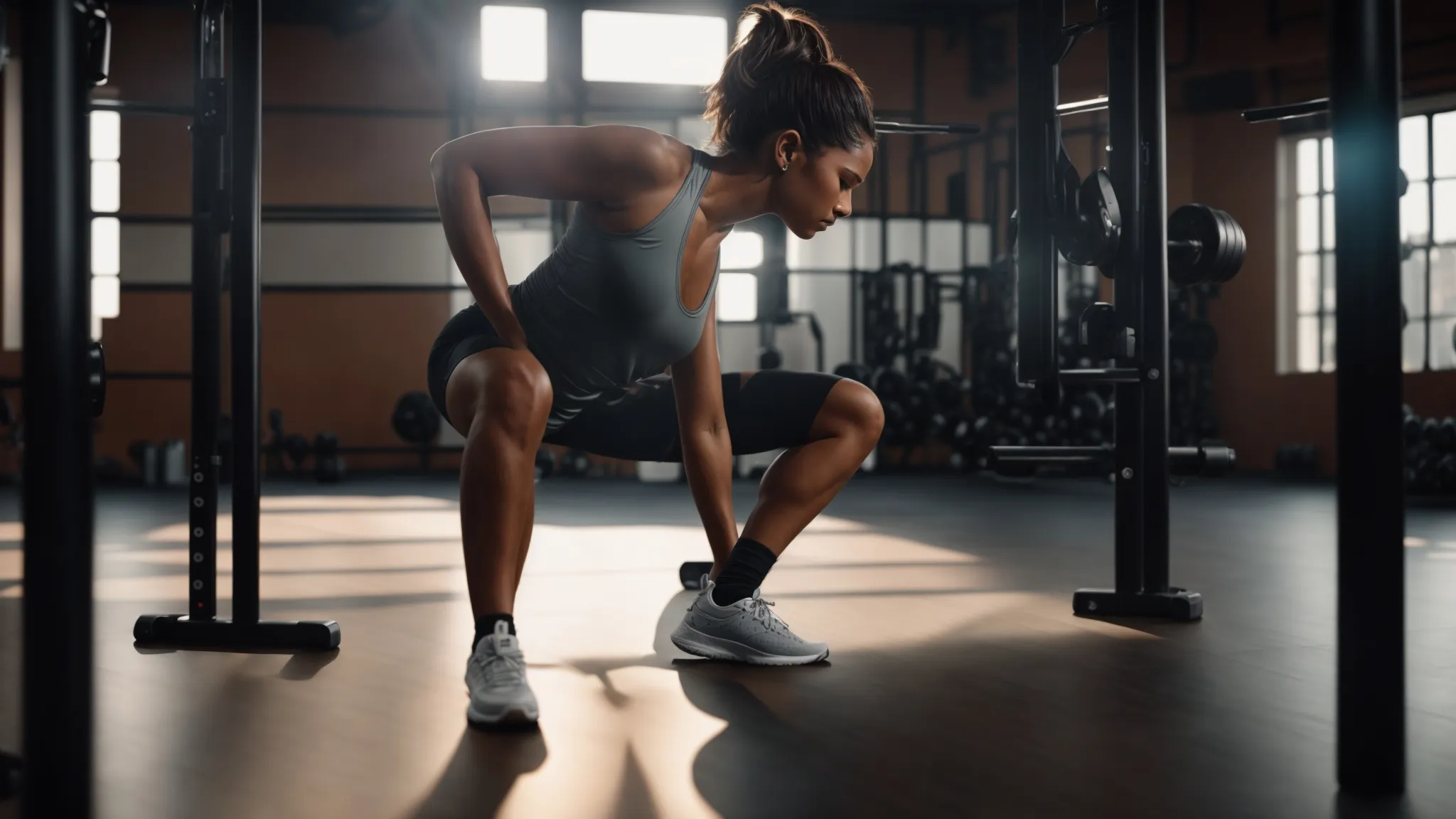 Person performing intense bodyweight circuit training in a gym, focusing on proper form and strength, highlighting effective weight loss strategies.