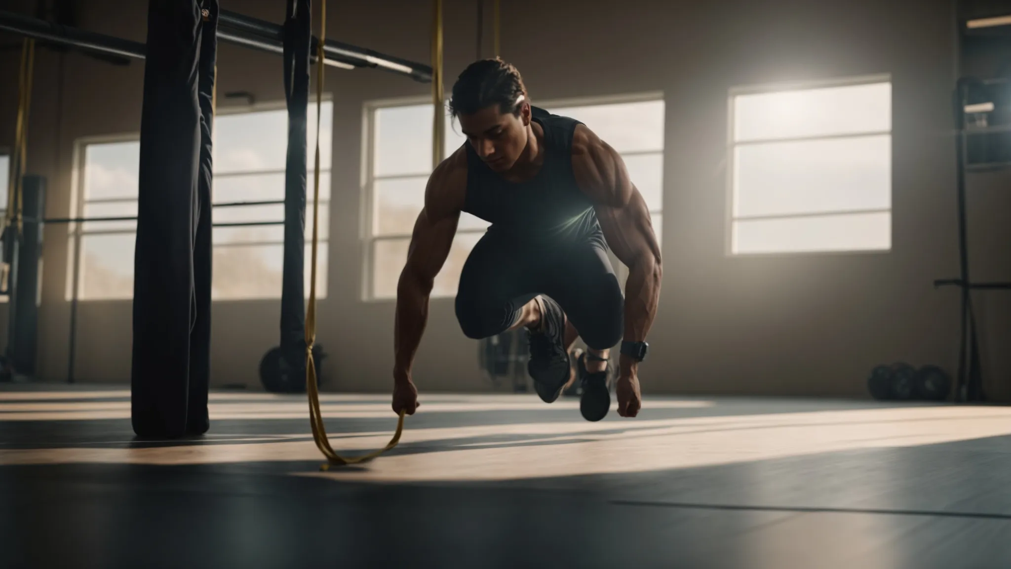 Person performing intense plyometric exercise in a gym, showcasing strength and explosiveness, with a focus on bodyweight training for weight loss.