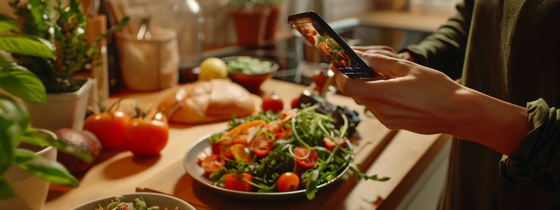 a person preparing a balanced meal while looking at a smartphone displaying a personalized nutrition plan from a fitness app.