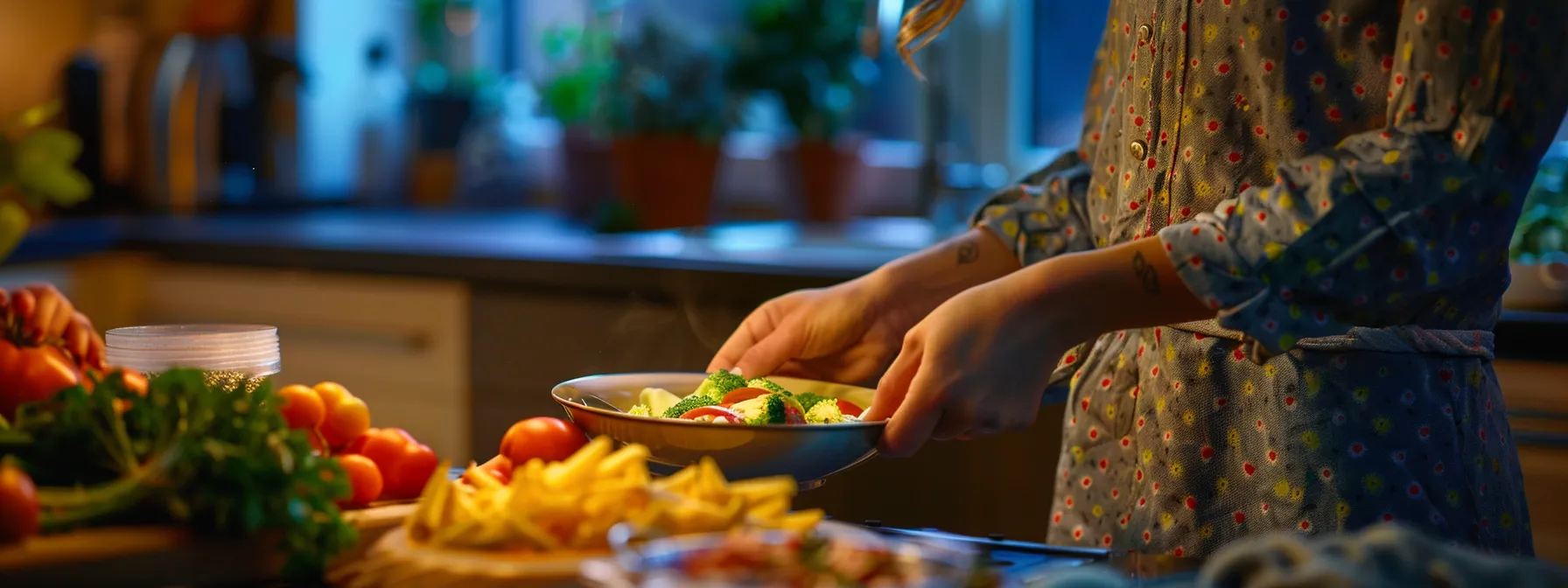 Person preparing a colorful bowl of steamed vegetables, including broccoli and bell peppers, in a kitchen setting, surrounded by fresh tomatoes and a plate of French fries, emphasizing plant-based nutrition and healthy eating.