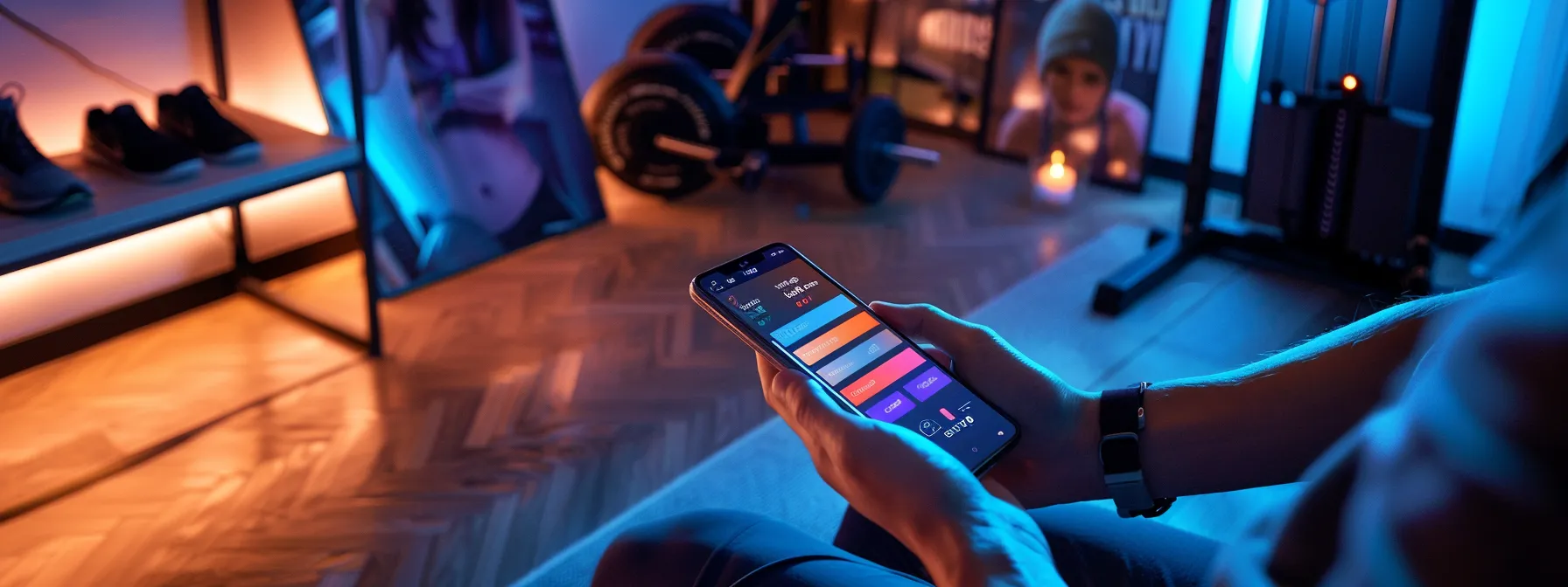 a person setting up their fitness app profile on a sleek and modern smartphone screen, surrounded by workout equipment and motivational posters.